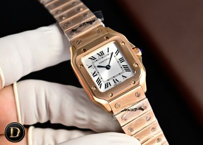 TW Factory Cartier Santos 27*34.4mm 316L Steel Quartz Movement White Face Rose Gold Band Lady Watch
